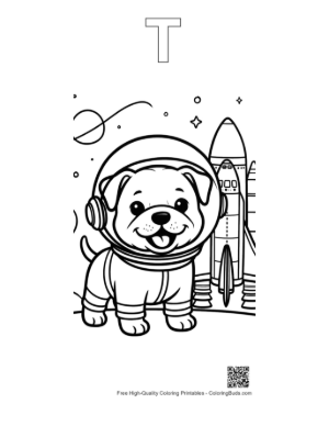 Thumbnail: Cute Baby Bulldog Astronaut in a Spacesuit Printable Outline Alphabet T