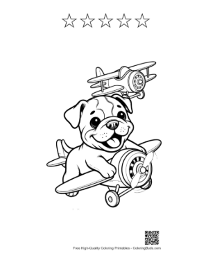 Thumbnail: Funny Bulldog Puppy Flying a Propeller Plane Printable and 5 Star Outline
