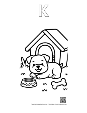 Thumbnail: Happy Bulldog Puppy Playing in Front of Its Home Printable Outline Alphabet K