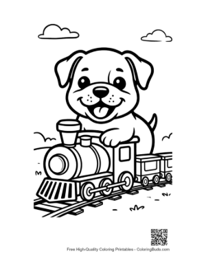 Thumbnail: Happy Bulldog Puppy Riding a Classic Train Printable