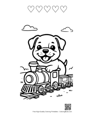 Thumbnail: Happy Bulldog Puppy Riding a Classic Train Printable and 5 Heart Outline