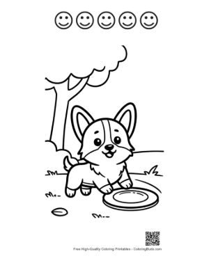 Thumbnail: Adorable Corgi Catching a Disc Near Forest Trees Printable and 5 Happy Face Outline