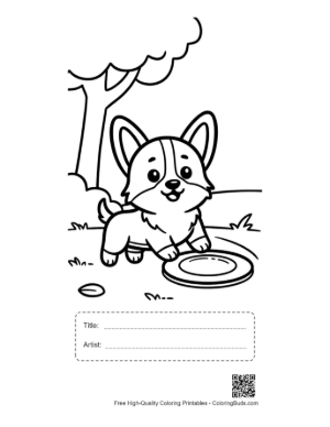 Thumbnail: Adorable Corgi Catching a Disc Near Forest Trees Printable with Title and Artist Box