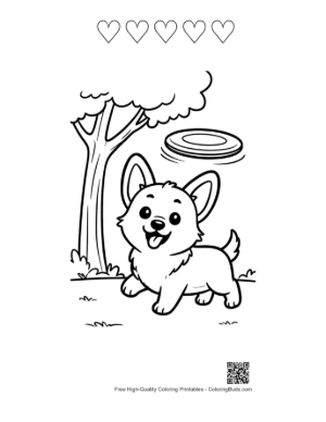 Thumbnail: Corgi Puppy Standing in the Woods with a Frisbee Printable and 5 Heart Outline