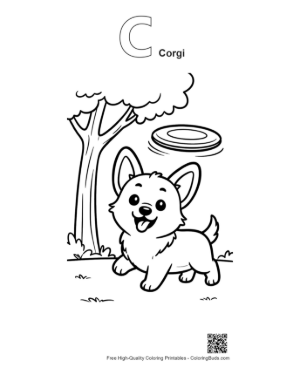 Thumbnail: Corgi Puppy Standing in the Woods with a Frisbee Printable Outline Alphabet C Corgi