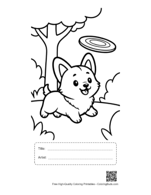 Thumbnail: Corgi Puppy Watching a Flying Disc in the Backyard Printable with Title and Artist Box