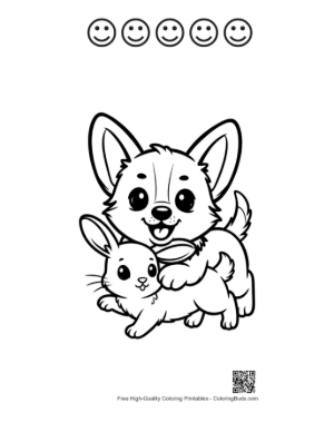 Thumbnail: Cute Corgi Hugging Adorable Bunny Printable and 5 Happy Face Outline