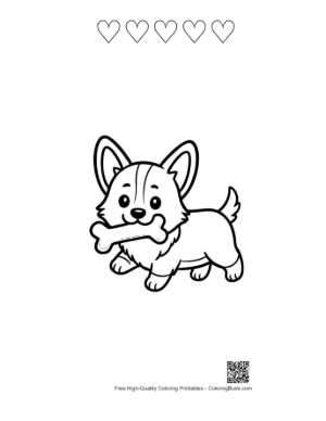 Thumbnail: Cute Corgi Puppy Playing with a Bone Outdoors Printable and 5 Heart Outline