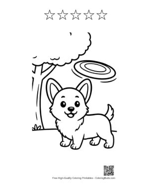 Thumbnail: Cute Corgi Puppy Playing with a Frisbee in the Park Printable and 5 Star Outline