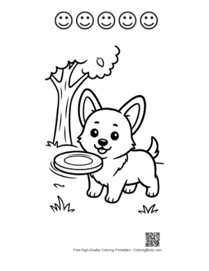 Thumbnail: Cute Corgi Puppy with a Frisbee in the Garden Printable and 5 Happy Face Outline