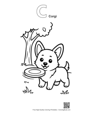 Thumbnail: Cute Corgi Puppy with a Frisbee in the Garden Printable Outline Alphabet C Corgi