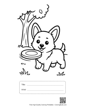 Thumbnail: Cute Corgi Puppy with a Frisbee in the Garden Printable with Title and Artist Box