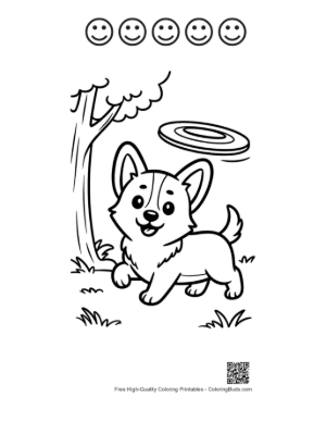 Thumbnail: Funny Corgi Dog Running After a Flying Saucer Printable and 5 Happy Face Outline