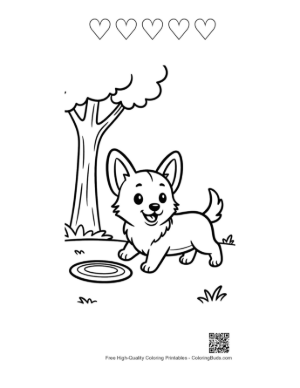 Thumbnail: Happy Corgi Dog Playing with a Frisbee Outside Printable and 5 Heart Outline