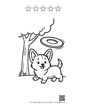 Thumbnail: Small Corgi Dog Watching a Flying Saucer Outdoors Printable and 5 Star Outline