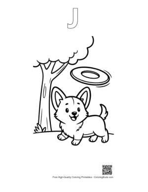 Thumbnail: Small Corgi Dog Watching a Flying Saucer Outdoors Printable Outline Alphabet J