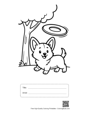 Thumbnail: Small Corgi Dog Watching a Flying Saucer Outdoors Printable with Title and Artist Box