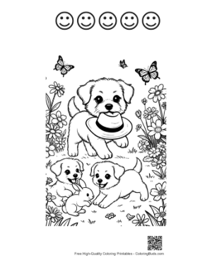 Thumbnail: Adorable Dog Family Playing Together in the Yard Printable and 5 Happy Face Outline