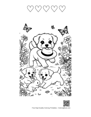 Thumbnail: Adorable Dog Family Playing Together in the Yard Printable and 5 Heart Outline