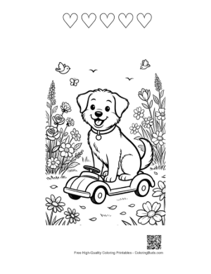 Thumbnail: Adorable Puppy Driving a Toy Car in the Garden Printable and 5 Heart Outline