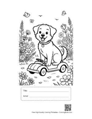 Thumbnail: Adorable Puppy Driving a Toy Car in the Garden Printable with Title and Artist Box