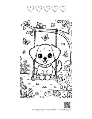 Thumbnail: Cute Baby Dog Swinging in a Beautiful Park Printable and 5 Heart Outline