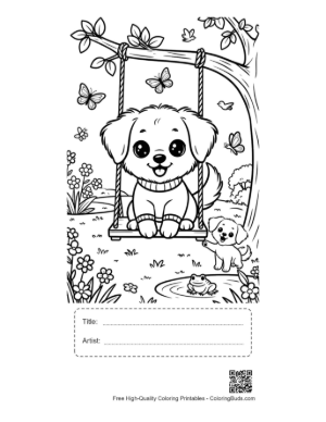 Thumbnail: Cute Baby Dog Swinging in a Beautiful Park Printable with Title and Artist Box
