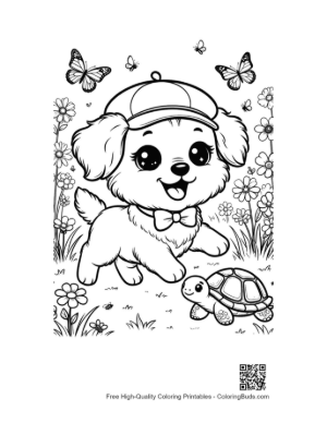 Thumbnail: Cute Dog with a Cap Looking at a Small Turtle Printable