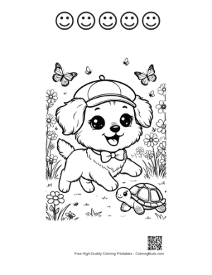 Thumbnail: Cute Dog with a Cap Looking at a Small Turtle Printable and 5 Happy Face Outline