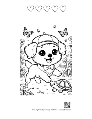 Thumbnail: Cute Dog with a Cap Looking at a Small Turtle Printable and 5 Heart Outline