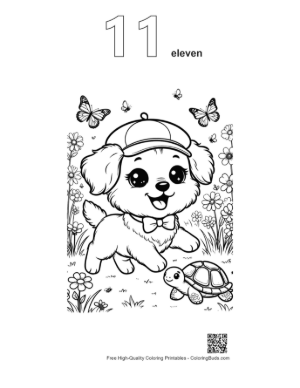 Thumbnail: Cute Dog with a Cap Looking at a Small Turtle Printable Outline Number 11