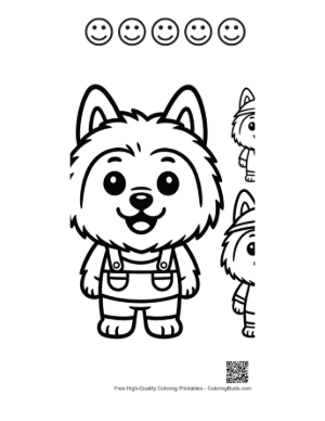 Thumbnail: Cute Fluffy Puppy in Overalls Coloring Page Printable and 5 Happy Face Outline