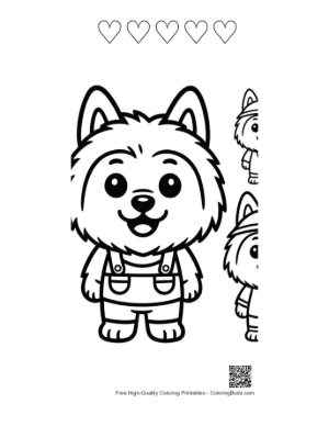 Thumbnail: Cute Fluffy Puppy in Overalls Coloring Page Printable and 5 Heart Outline