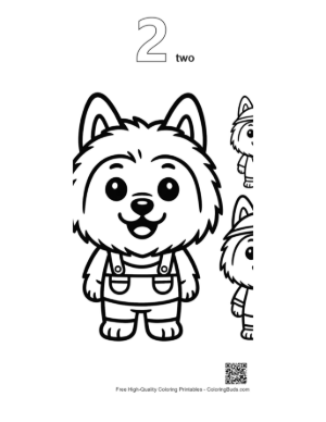 Thumbnail: Cute Fluffy Puppy in Overalls Coloring Page Printable Outline Number 2
