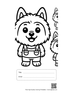Thumbnail: Cute Fluffy Puppy in Overalls Coloring Page Printable with Title and Artist Box