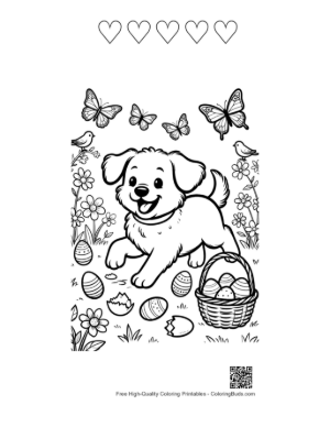 Thumbnail: Cute Puppy Walking with Butterflies in a Field Printable and 5 Heart Outline