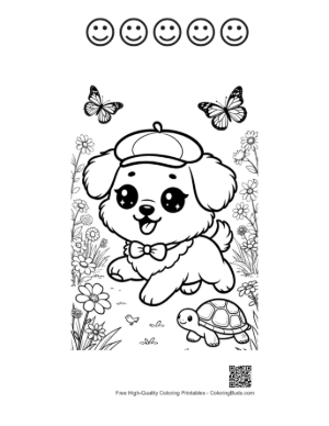 Thumbnail: Happy Puppy Wearing a Hat in a Flowery Meadow Printable and 5 Happy Face Outline
