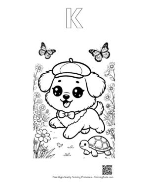 Thumbnail: Happy Puppy Wearing a Hat in a Flowery Meadow Printable Outline Alphabet K