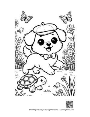 Thumbnail: Small Dog with a Cap Walking Beside a Turtle Printable