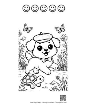 Thumbnail: Small Dog with a Cap Walking Beside a Turtle Printable and 5 Happy Face Outline