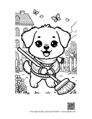 Thumbnail: Sweet Dog Holding a Broom in the Autumn Garden Printable