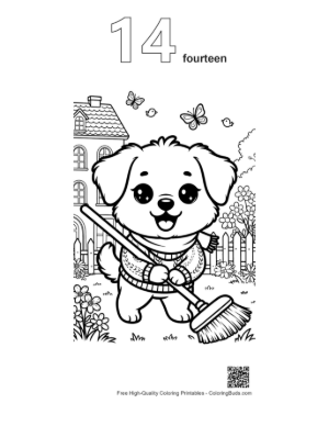 Thumbnail: Sweet Dog Holding a Broom in the Autumn Garden Printable Outline Number 14