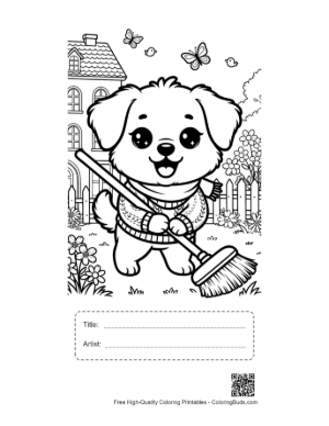 Thumbnail: Sweet Dog Holding a Broom in the Autumn Garden Printable with Title and Artist Box
