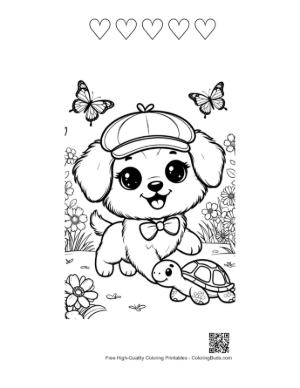 Thumbnail: Sweet Puppy Wearing a Hat and Meeting a Turtle Printable and 5 Heart Outline