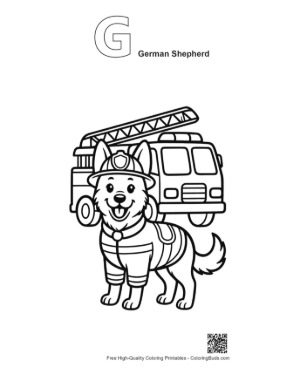 Thumbnail: Brave German Shepherd Puppy Standing by a Fire Truck Printable Outline Alphabet G German Shepherd