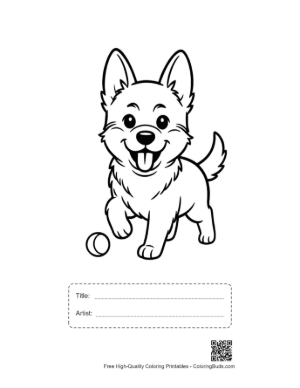 Thumbnail: Cute German Shepherd Puppy Chasing a Bouncy Ball Printable with Title and Artist Box