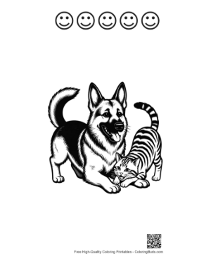 Thumbnail: German Shepherd Playing with Tiger Cat Printable and 5 Happy Face Outline