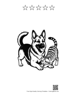 Thumbnail: German Shepherd Playing with Tiger Cat Printable and 5 Star Outline