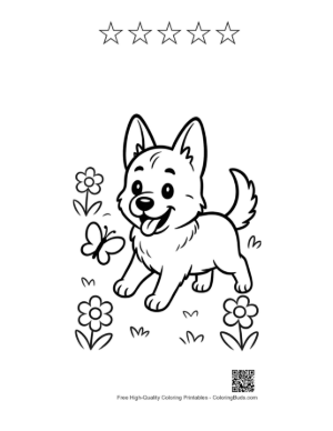 Thumbnail: German Shepherd Puppy Exploring a Garden with Butterflies Printable and 5 Star Outline
