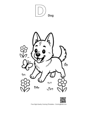 Thumbnail: German Shepherd Puppy Exploring a Garden with Butterflies Printable Outline Alphabet D Dog